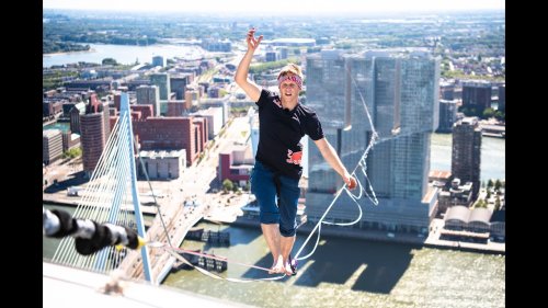 Watch This Slackliner Complete A 625-Meter River Crossing Between Rotterdam's Highest Buildings