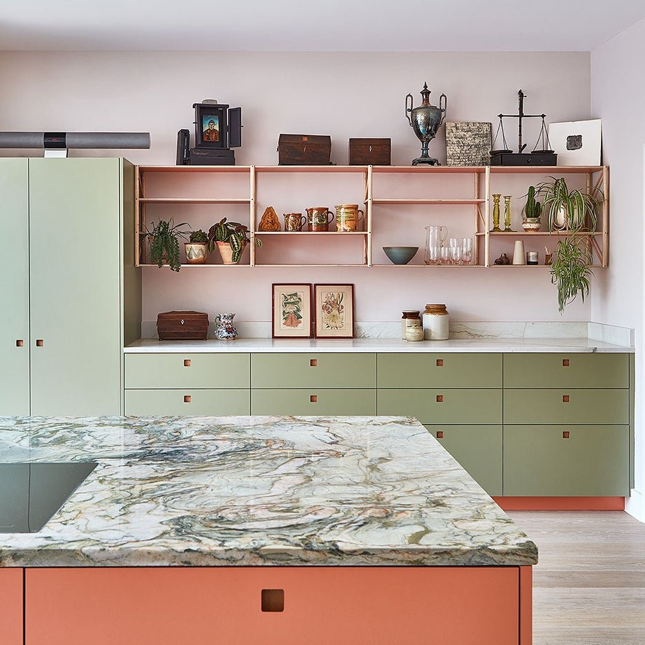 A Coral and Sage London Kitchen Featuring “Anti-Floating” Shelves