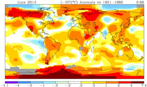 Globally, June 2013 ranked among top 5 warmest Junes on record