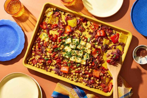Sheet-Pan Baked Feta with Bell Peppers & Chickpeas Is an Easy Dinner to Make Tonight
