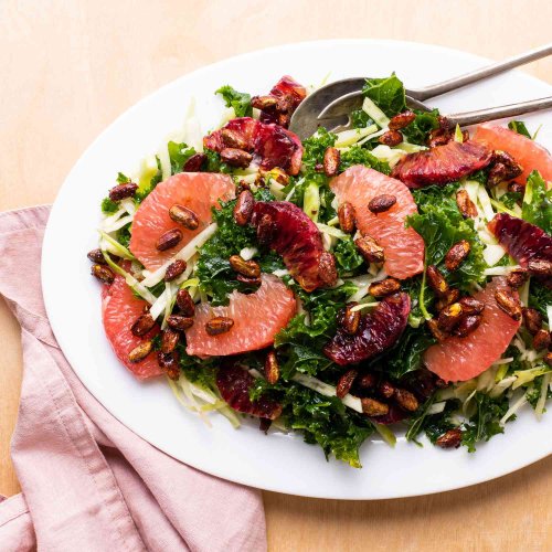Massaged Cabbage & Kale Salad with Grapefruit, Blood Orange & Candied Pistachios