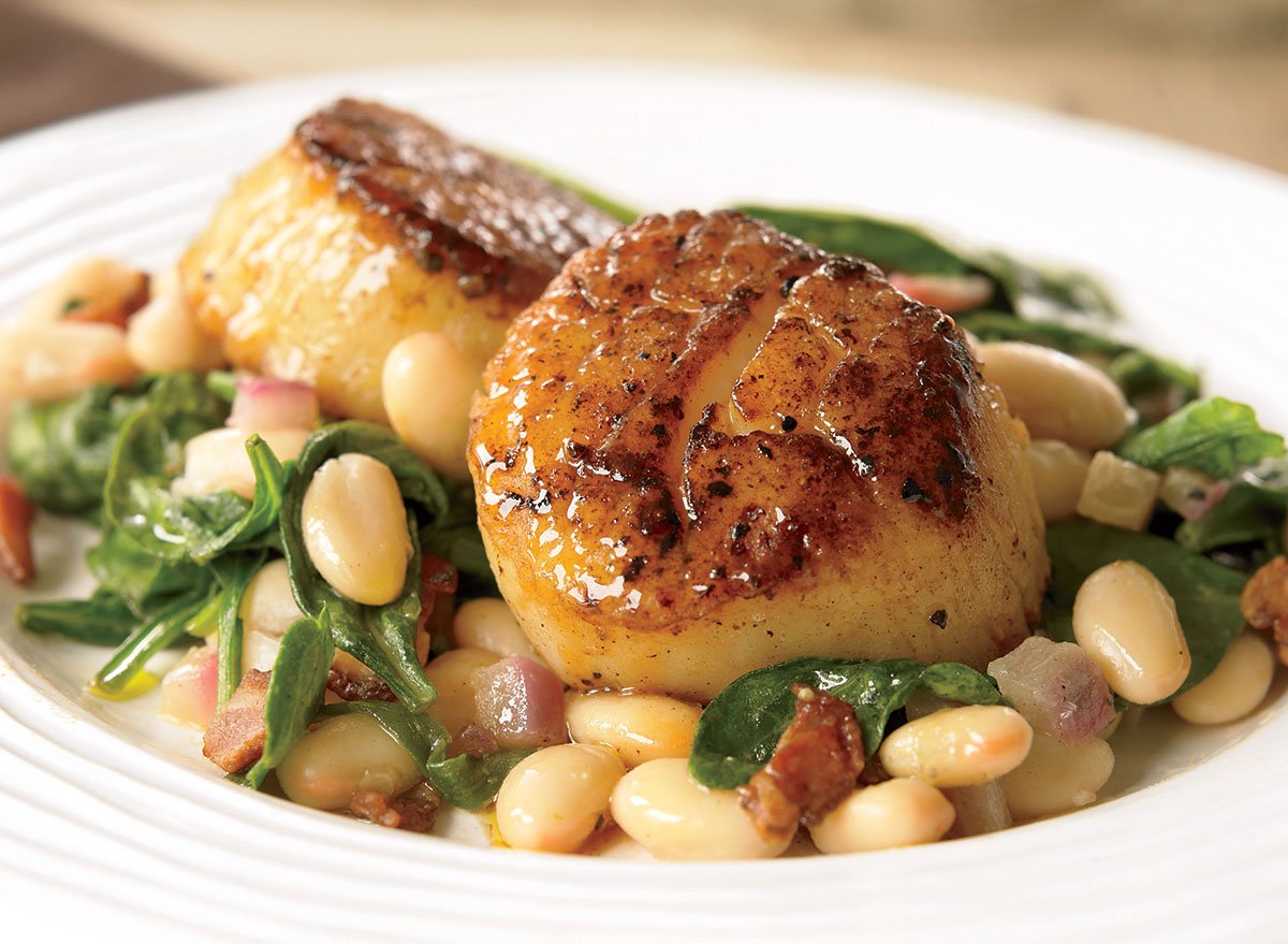 Seared Scallops With White Beans and Spinach Recipe