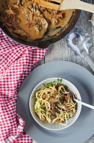 Zucchini-Spagetti mit cremiger Champignonsauce