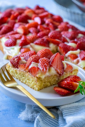Einfacher Erdbeer Pudding Kuchen vom Blech (auch für den Thermomix)
