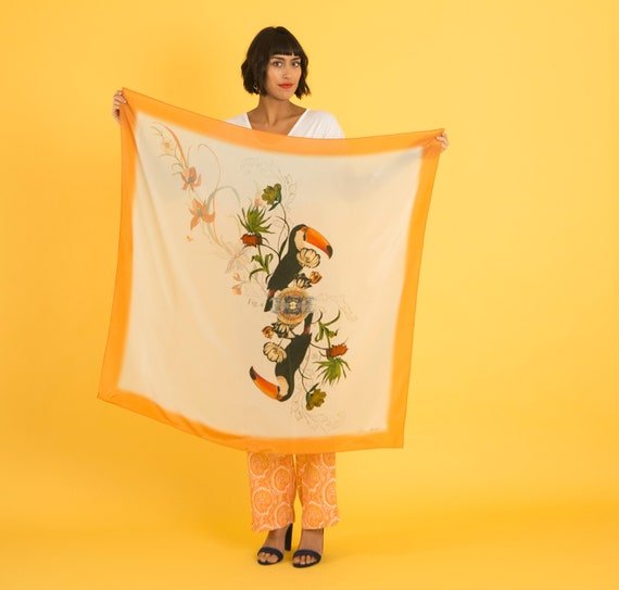 Orange 'Toucan' square silk scarf