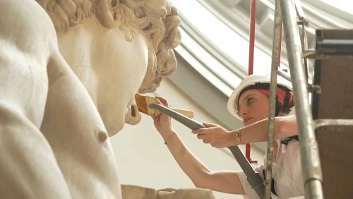 Behind the scenes at the museum as Michaelangelo's David has a wash and brush up
