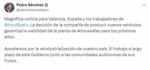 Sánchez celebra la decisión de Ford de fabricar un nuevo vehículo en Almussafes