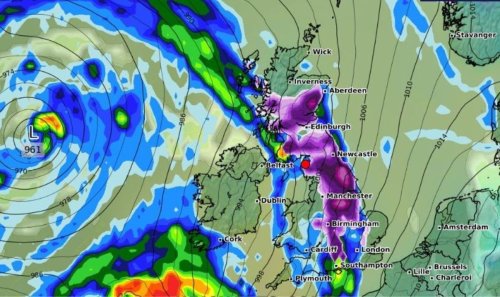 Weather maps show UK barely visible under 560-mile blanket of snow and rain