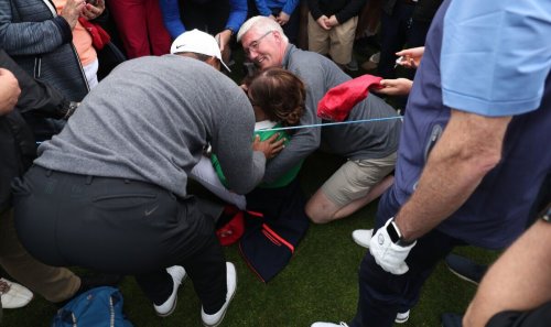 Tiger Woods turns hero by helping woman hit by tee shot from Dragon's Den star Peter Jones