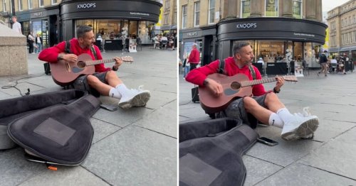 Premier League hero looks unrecognisable busking in busy city centre