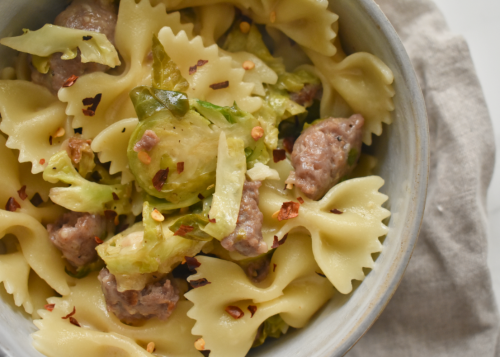 Creamy 25-Min. Pasta + Italian Sausage, Brussels Sprouts