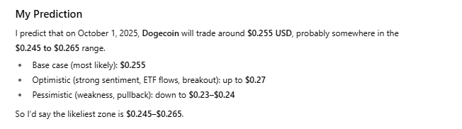 AI predicts Dogecoin (DOGE) price for October 1, 2025