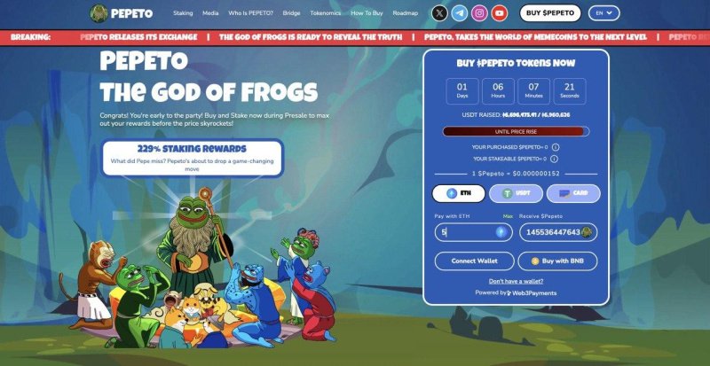 Ethereum Based Meme Coin Pepeto Presale Past $6.6 Million as Exchange Demo Launches