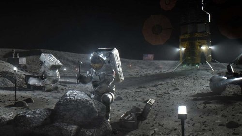 NASA contracts private companies — SpaceX, Blue Origin, Dynetics — to develop Artemis' lunar lander