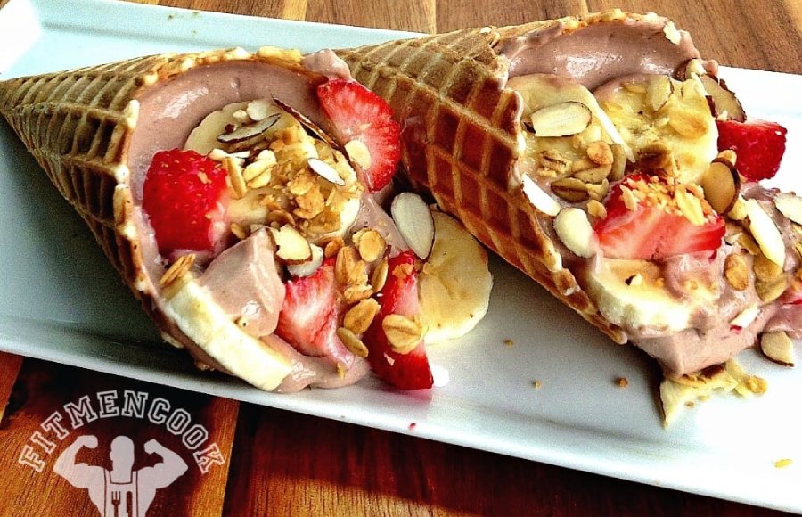 Banana & Strawberry Chocolate Protein Waffle Cone - Fit Men Cook
