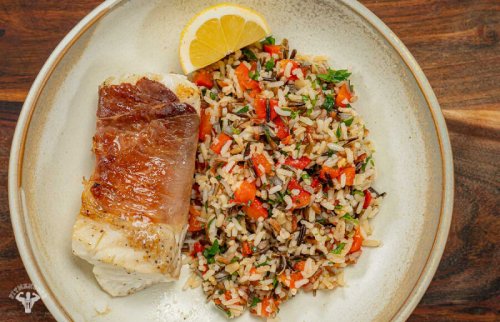 Prosciutto Wrapped Halibut with Roasted Pepper Wild Rice - Fit Men Cook