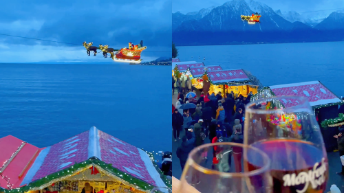 ''Fairy Tales are Real!' Santa Claus on his sleigh flies by Christmas market in Switzerland '