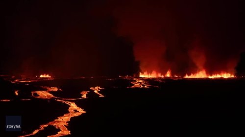 Lava Flows From Mauna Loa Toward Highway on Hawaii’s Big Island
