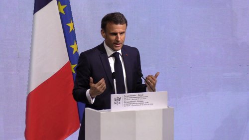 Emmanuel Macron speaks at the Brazil-France Forum in Sao Paulo, Brazil