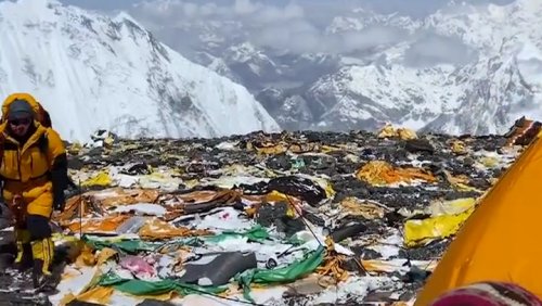 Huge piles of litter on Himalayan slopes seemingly left by mountaineers