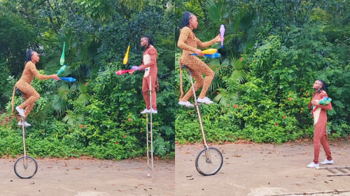 'Circus duo shows off their IMPECCABLE balancing skills with a ladder, unicycle & juggling pins '