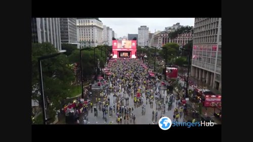 Aerial footage of Brazil fans watching Brazil VS South Korea on a big screen in Sao Paulo, Brazil