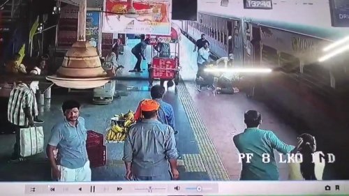 India: Elderly woman falls into platform gap while boarding train, rescued