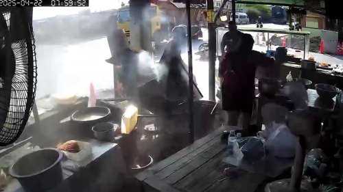 Thailand: Out of control motorcycle crashes into restaurant