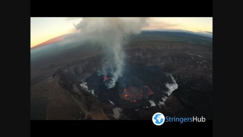 Molten Magma Flows Down Side Of Active Volcano From Halemaumau Crater in Hawaii