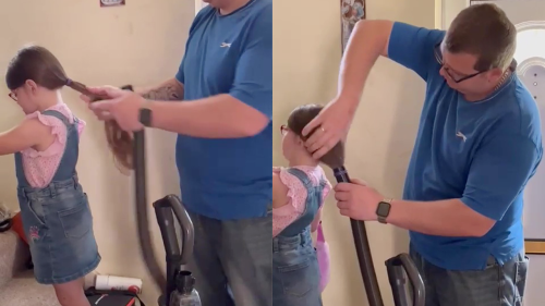 'Creative father does his daughter's hair using a vacuum cleaner '