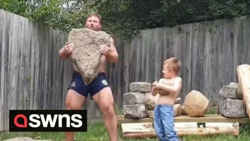 Aussie man goes viral for workout with son where they launch huge ROCKS and TYRES across garden