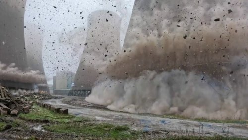 Drone footage shows dramatic demolition of Cheshire power station towers