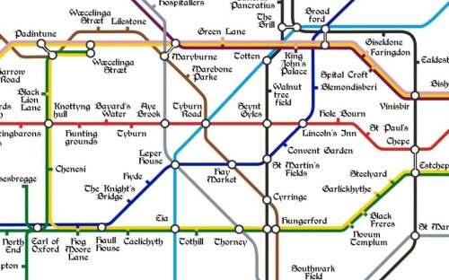 This charming Medieval Tube map shows stations with the names of ancient towns