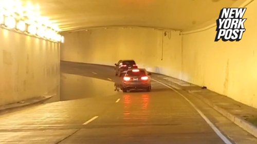 Optical illusion in Milwaukee tunnel looks like giant hole in road
