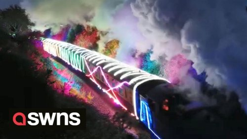 Mesmerising footage captures the practice run for Dartmouth's Train of Lights 2022 as it passes through the countryside
