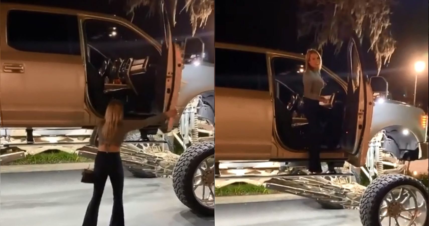 WATCH: Woman Stuns Viewers Climbing Into Ludicrously Jacked-Up Pickup