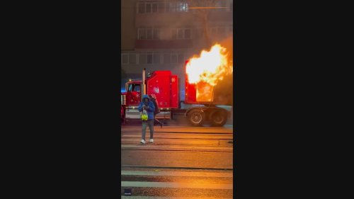 Semi-Truck Seen Spewing Flames Along Road in Bucharest