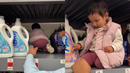 Parents use tot to crawl onto shelf and grab out-of-reach product in clever hack