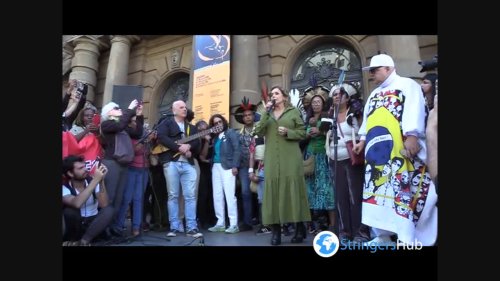 Indigenous people protest against limiting demarcations of Indigenous lands in Sao Paulo, Brazil