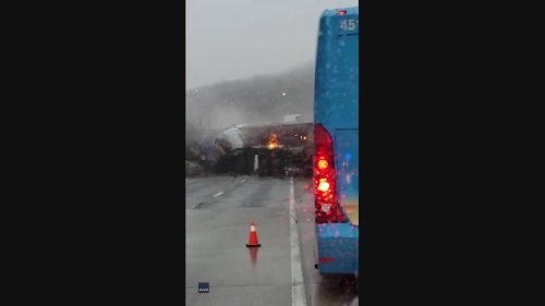 Truck Tumbles Over California Freeway on Top of Pile-Up