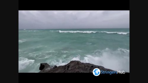 Hurricane Fiona causing splashing waves at Church Bay in Bermuda