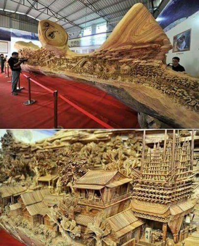 الفنان الصيني Zheng Chunhui's قام بعمل هذه المنحوتة الخشبية المميزة وبطول 12 م