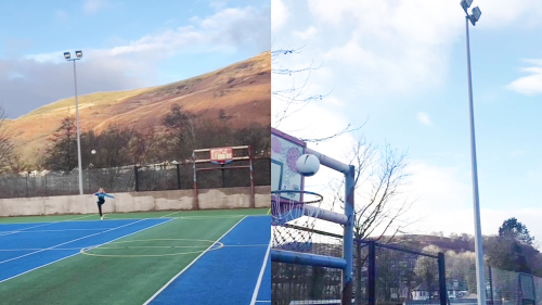 'Wales girl pulls off insane football + basketball trick shot on tennis court'