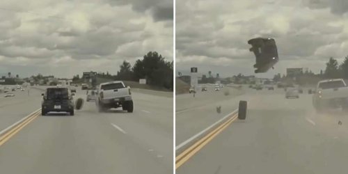 Dashcam zeigt Unfall: Reifen schleudert gegen Auto, ganzes Fahrzeug hebt ab