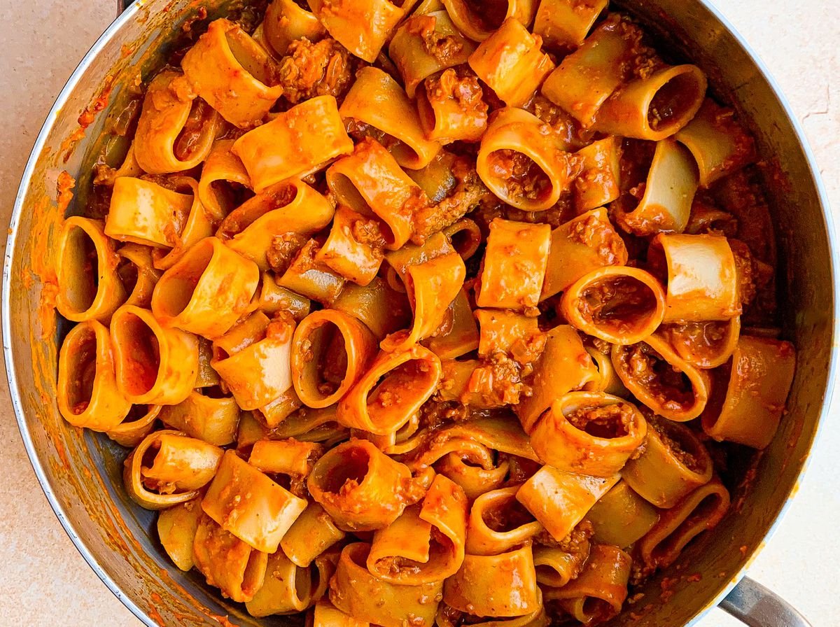 Pasta With Smoky Roasted Red Pepper Sauce & Vegetarian Sausage