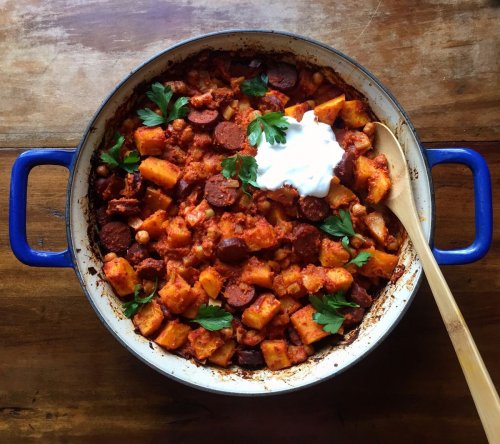 Spanish-Inspired Ragout with Butternut Squash, Chorizo, and Chickpeas