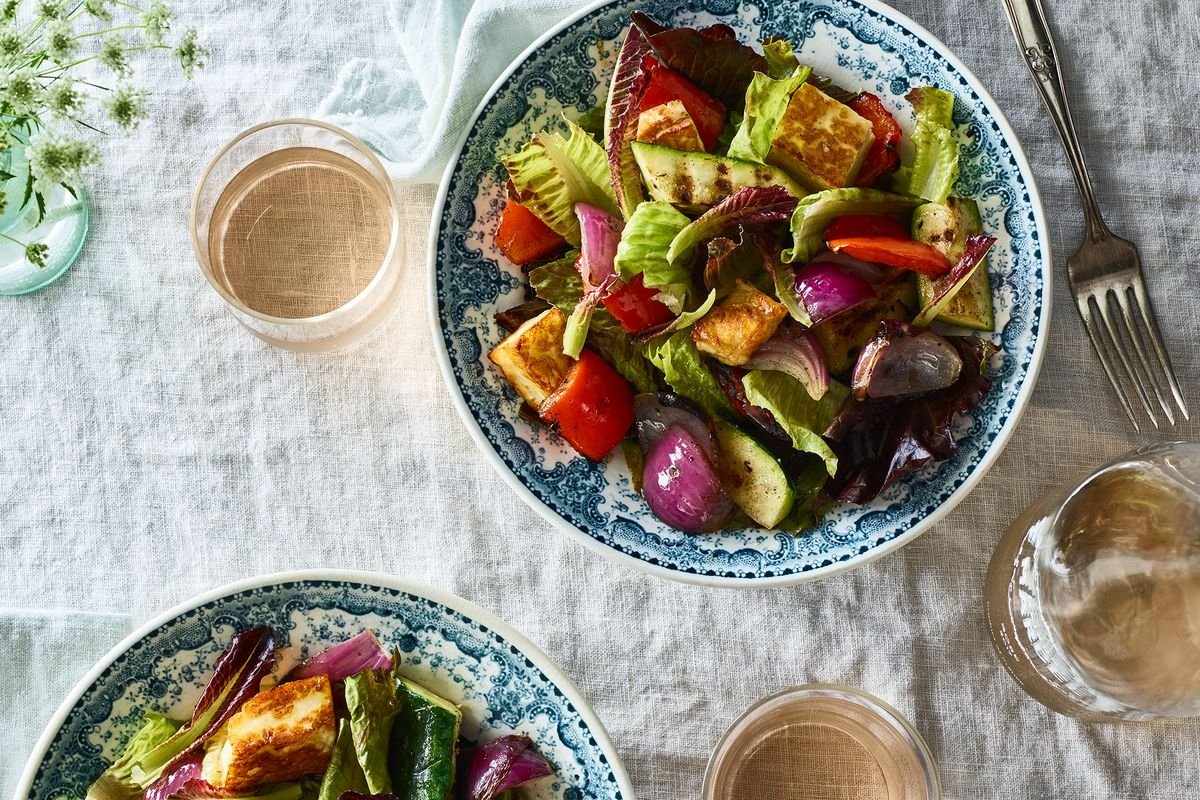 A Salad of Grilled Vegetables over Crisp Lettuce with Halloumi Croutons