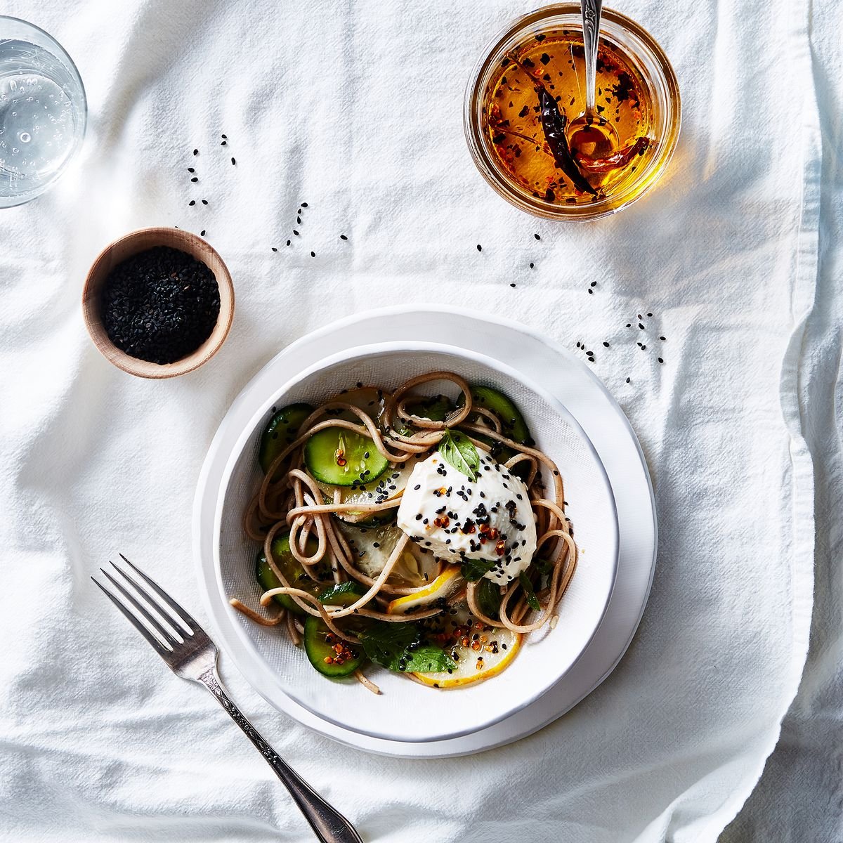 Dawn Perry's Soba Salad with Cucumbers, Soft Tofu & Quick Chile Oil