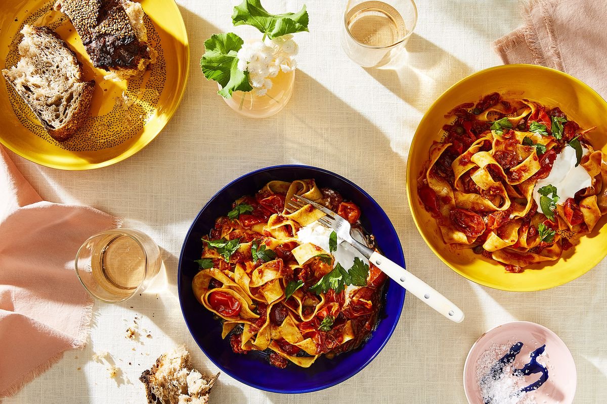 Ottolenghi's Pappardelle with Rose Harissa, Black Olives & Capers