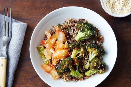 Warm Kimchi Rice Bowl with Sriracha Broccoli